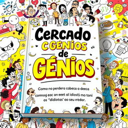 A visually engaging book cover design titled 'Cercado de Gênios: Como Não Perder a Cabeça com os 'Idiotas' ao Seu Redor'