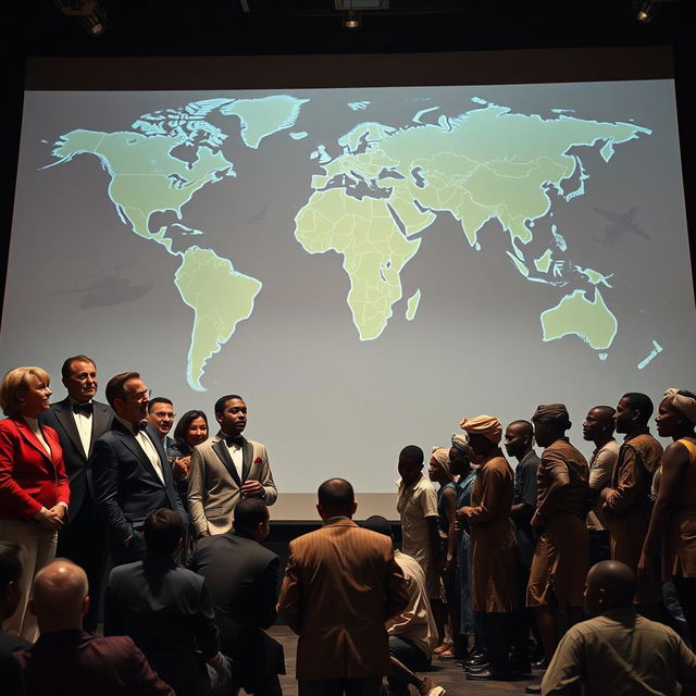 A powerful scene depicting a group of wealthy individuals, elegantly dressed in designer clothing from Europe and America, who are laughing mockingly at a gathering of impoverished people clad in tattered garments