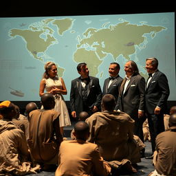 A powerful scene depicting a group of wealthy individuals, elegantly dressed in designer clothing from Europe and America, who are laughing mockingly at a gathering of impoverished people clad in tattered garments