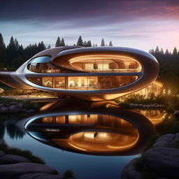 A stunning futuristic mansion nestled by a peaceful, gently flowing river.