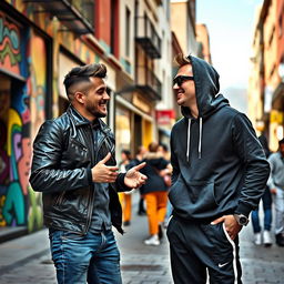Two stylish men engaging in a lively conversation in a bustling city street, showcasing a cultural blend of urban fashion and expressive body language, with vibrant city life in the background, including colorful street art and interesting textures on nearby buildings