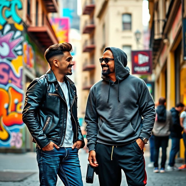 Two stylish men engaging in a lively conversation in a bustling city street, showcasing a cultural blend of urban fashion and expressive body language, with vibrant city life in the background, including colorful street art and interesting textures on nearby buildings