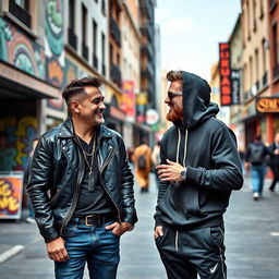 Two stylish men engaging in a lively conversation in a bustling city street, showcasing a cultural blend of urban fashion and expressive body language, with vibrant city life in the background, including colorful street art and interesting textures on nearby buildings