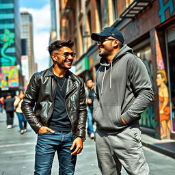 Two stylish men engaging in a lively conversation in a bustling city street, showcasing a cultural blend of urban fashion and expressive body language, with vibrant city life in the background, including colorful street art and interesting textures on nearby buildings