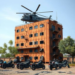 A rust-covered, seven-level building situated in a desolate area outside of the city