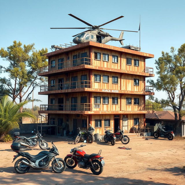 A rust-covered, seven-level building situated in a desolate area outside of the city