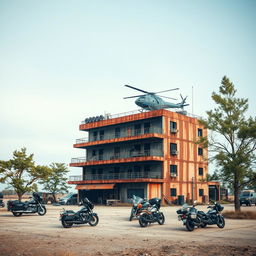 A rust-covered, seven-level building situated in a desolate area outside of the city