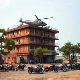A rust-covered, seven-level building situated in a desolate area outside of the city