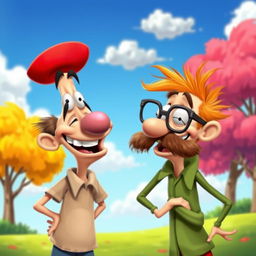 Two funny, goofy characters having a lighthearted and silly moment together, laughing and being playful in a colorful, whimsical setting