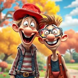 Two funny, goofy characters having a lighthearted and silly moment together, laughing and being playful in a colorful, whimsical setting