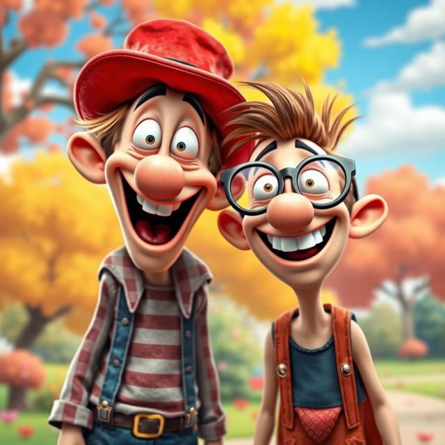 Two funny, goofy characters having a lighthearted and silly moment together, laughing and being playful in a colorful, whimsical setting