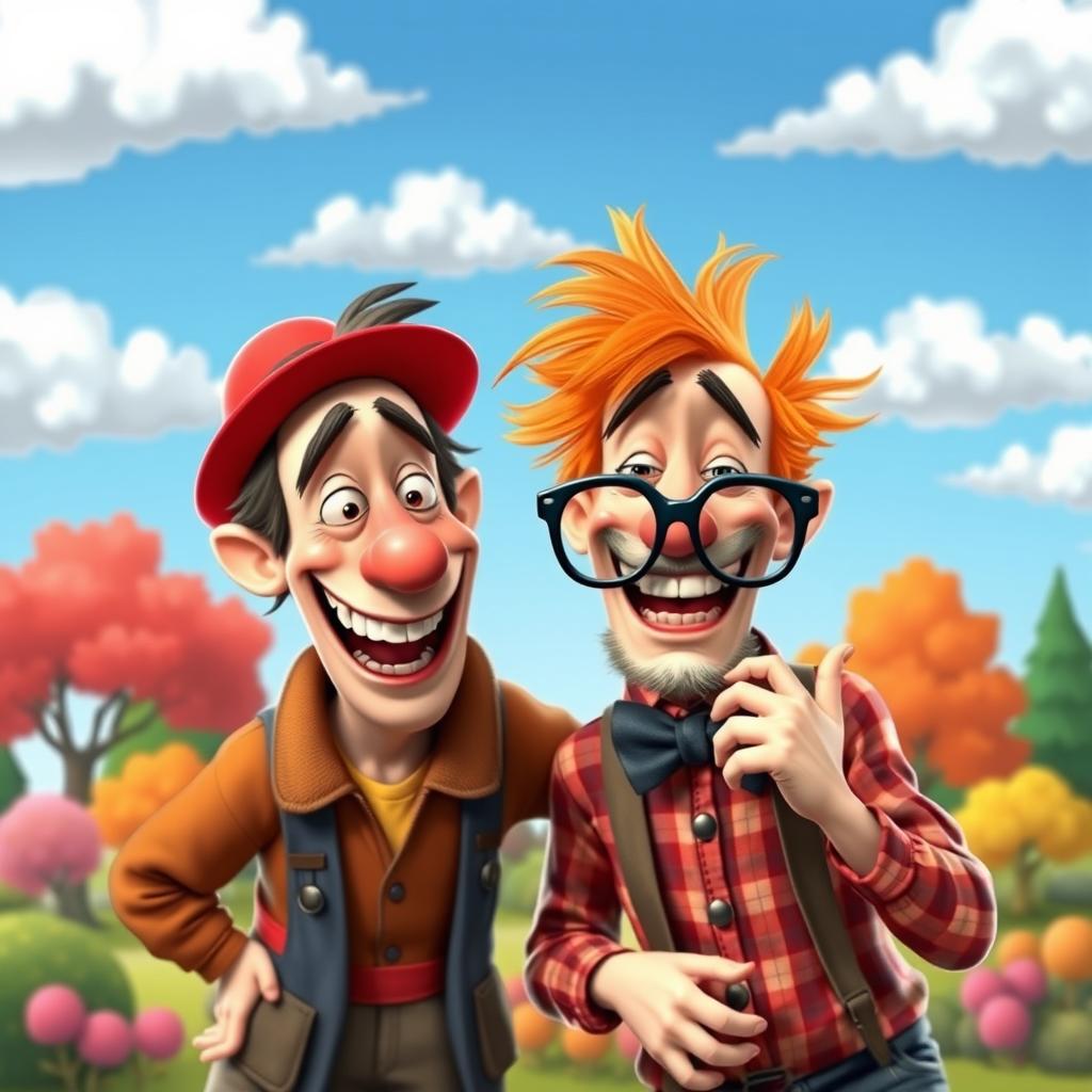 Two funny, goofy characters having a lighthearted and silly moment together, laughing and being playful in a colorful, whimsical setting