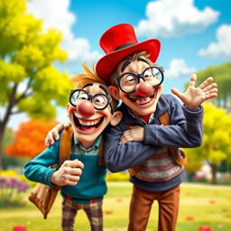 Two funny, goofy characters having a lighthearted and silly moment together, laughing and being playful in a colorful, whimsical setting