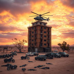 A prominent, rusty seven-story building standing alone in a barren landscape, with a helicopter perched on its rooftop, equipped with hefty cannons