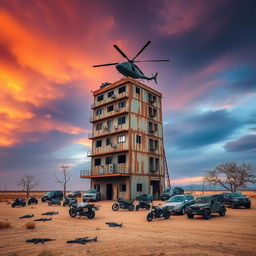 A prominent, rusty seven-story building standing alone in a barren landscape, with a helicopter perched on its rooftop, equipped with hefty cannons