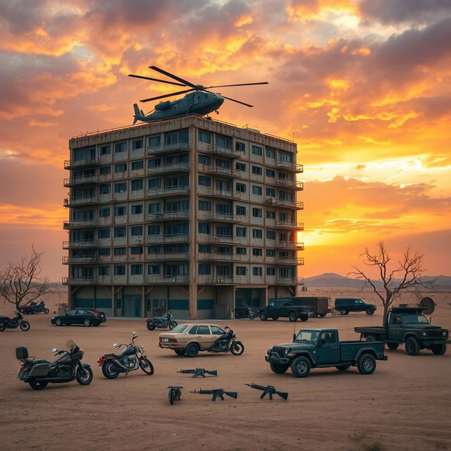 A prominent, rusty seven-story building standing alone in a barren landscape, with a helicopter perched on its rooftop, equipped with hefty cannons