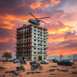 A prominent, rusty seven-story building standing alone in a barren landscape, with a helicopter perched on its rooftop, equipped with hefty cannons