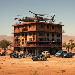 A rusty 7-level building standing alone in a desolate area, the roof adorned with a helicopter equipped with cannons