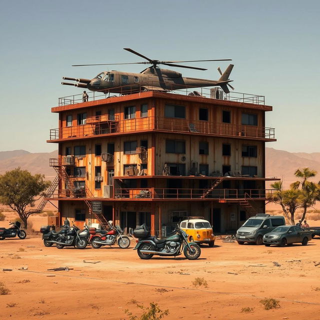 A rusty 7-level building standing alone in a desolate area, the roof adorned with a helicopter equipped with cannons