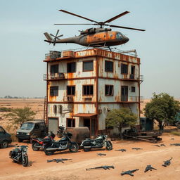 A rusty 7-level building standing alone in a desolate area, the roof adorned with a helicopter equipped with cannons