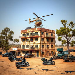 A rusty 7-level building standing alone in a desolate area, the roof adorned with a helicopter equipped with cannons