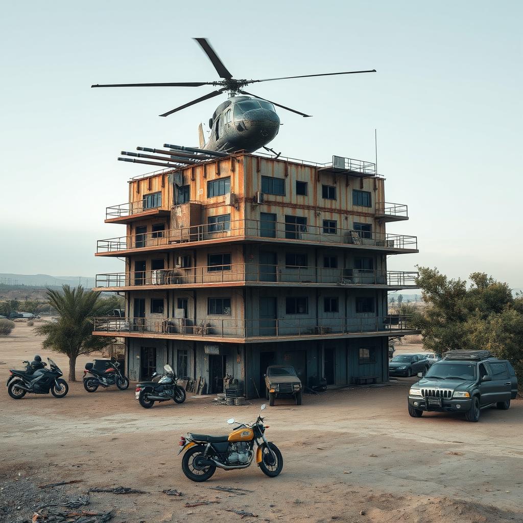 A rusty 7-level building standing alone in a desolate area, the roof adorned with a helicopter equipped with cannons