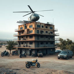 A rusty 7-level building standing alone in a desolate area, the roof adorned with a helicopter equipped with cannons