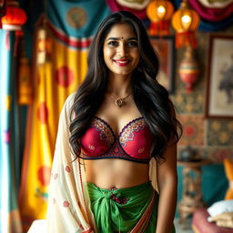 A portrait of an Indian mother dressed in a traditional petticoat and a stylish bra, showcasing her graceful demeanor and confident posture