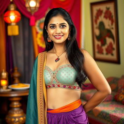 A portrait of an Indian mother dressed in a traditional petticoat and a stylish bra, showcasing her graceful demeanor and confident posture