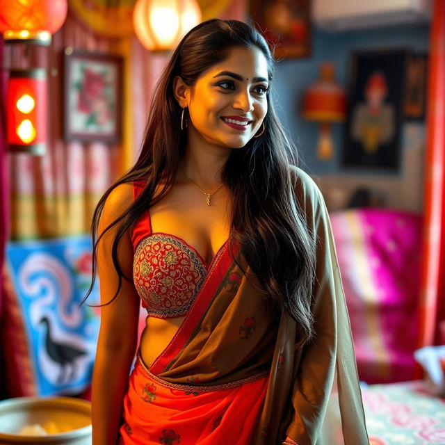 A portrait of an Indian mother dressed in a traditional petticoat and a stylish bra, showcasing her graceful demeanor and confident posture