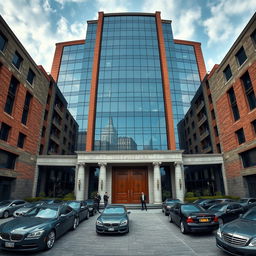 A massive, imposing mafia base building, showcasing a blend of modern and old-world architecture