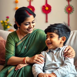 A tasteful and respectful portrait of an Indian mother and her son, highlighting their strong bond and familial love