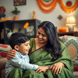 A tasteful and respectful portrait of an Indian mother and her son, highlighting their strong bond and familial love