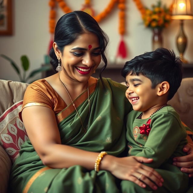 A tasteful and respectful portrait of an Indian mother and her son, highlighting their strong bond and familial love