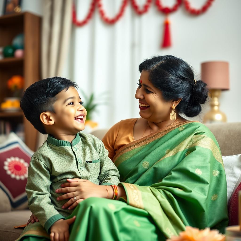 A tasteful and respectful portrait of an Indian mother and her son, highlighting their strong bond and familial love