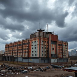 A sprawling mafia base building, large and imposing, featuring a gritty, industrial design
