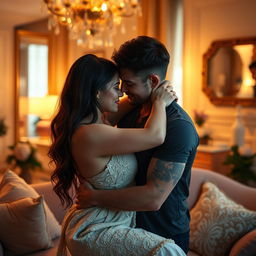 A tender and intimate portrayal of a couple enjoying a moment of closeness and love in a soft-focus setting