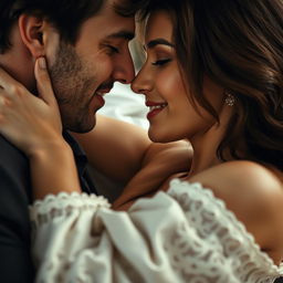 A close-up and artistic representation of a couple in an intimate moment, focusing on their emotional connection and genuine affection
