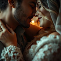 A close-up and artistic representation of a couple in an intimate moment, focusing on their emotional connection and genuine affection