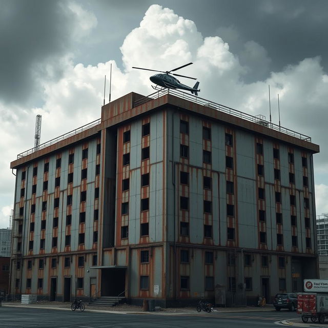 A massive mafia base building, featuring an intimidating and rusty grey facade