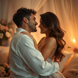 A sensual and intimate portrayal of a romantic couple engaging in a playful moment together, emphasizing mutual attraction and affection