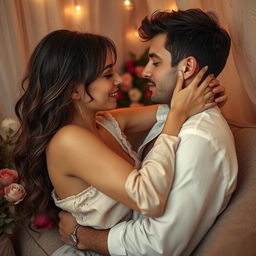 A sensual and intimate portrayal of a romantic couple engaging in a playful moment together, emphasizing mutual attraction and affection
