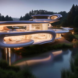 A stunning futuristic mansion nestled by a peaceful, gently flowing river.