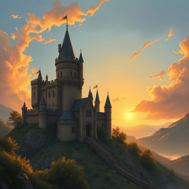 A majestic medieval castle perched on a hill, bathed in the warm, golden hues of a sunset sky