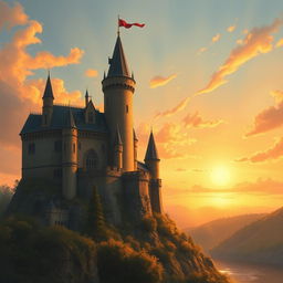 A majestic medieval castle perched on a hill, bathed in the warm, golden hues of a sunset sky