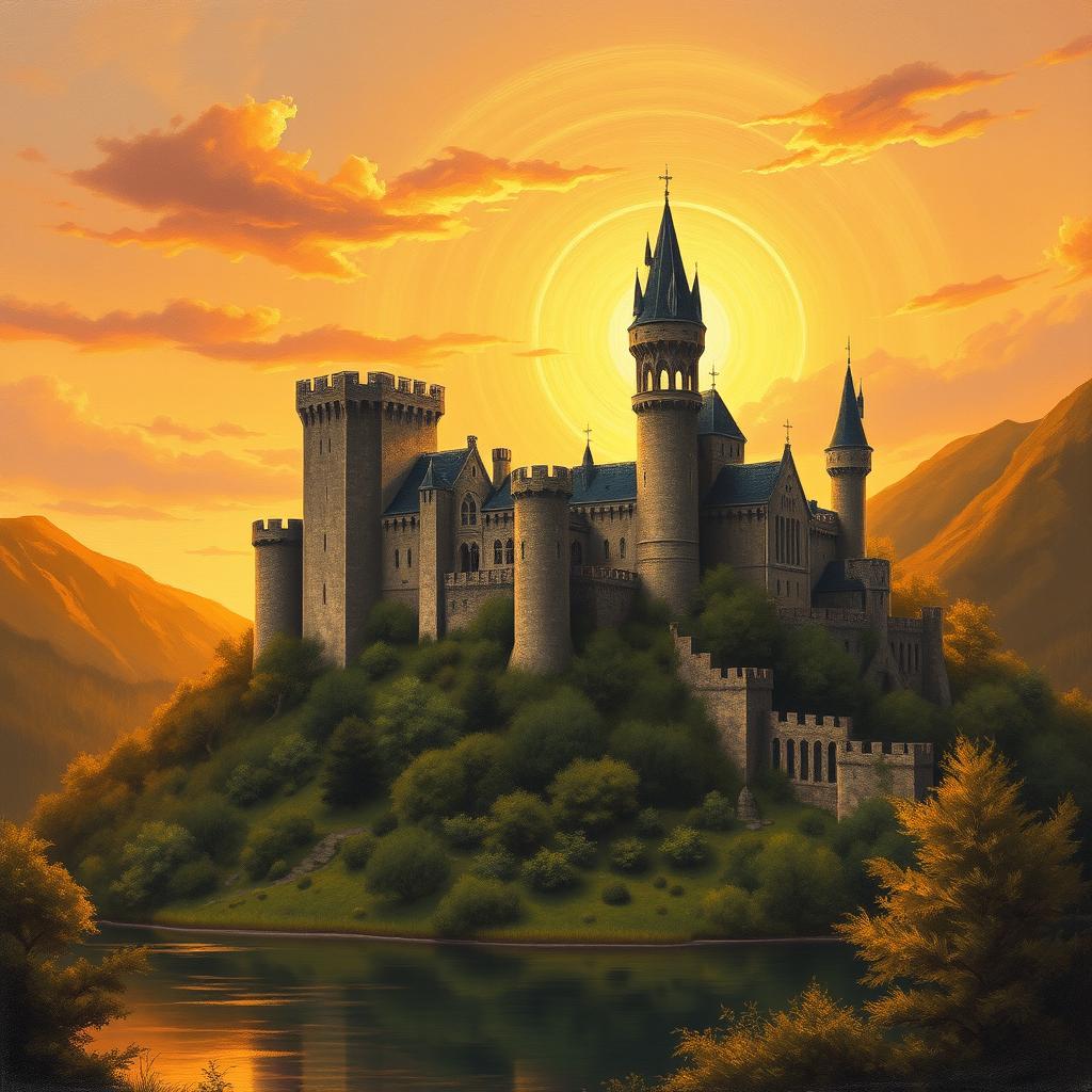 A majestic medieval castle perched on a hill, bathed in the warm, golden hues of a sunset sky