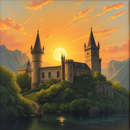 A majestic medieval castle perched on a hill, bathed in the warm, golden hues of a sunset sky