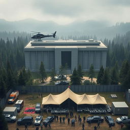 A gigantic mafia base building, predominantly grey, featuring a helicopter perched on its roof