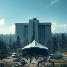 A gigantic mafia base building, predominantly grey, featuring a helicopter perched on its roof