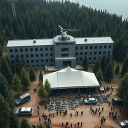 A gigantic mafia base building, predominantly grey, featuring a helicopter perched on its roof